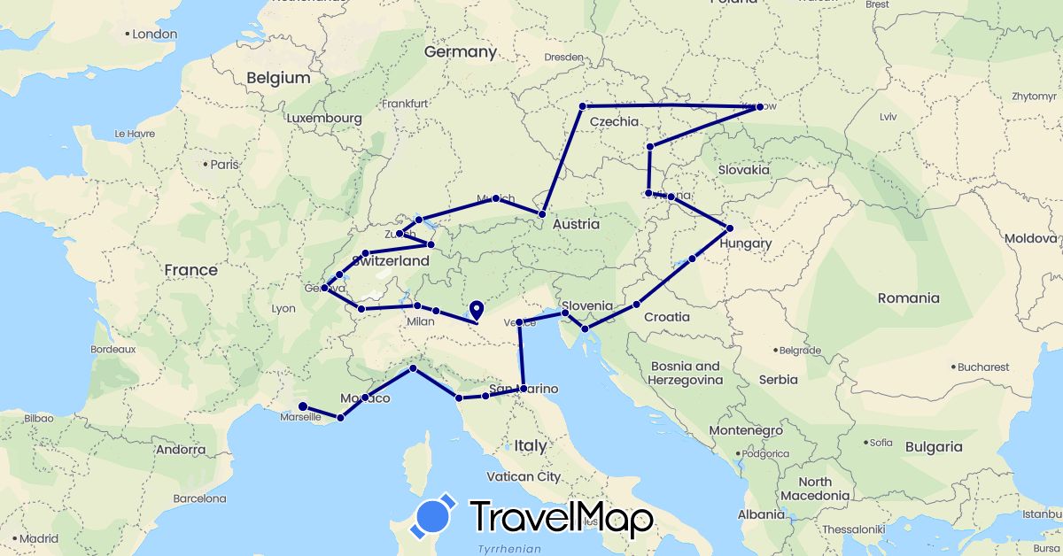 TravelMap itinerary: driving in Austria, Switzerland, Czech Republic, Germany, France, Croatia, Hungary, Italy, Liechtenstein, Monaco, Poland, Slovakia, San Marino (Europe)